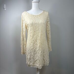Fire LA Lace Mini Dress Ivory Floral Long Sleeve Scoop Back Coquette Y2K M